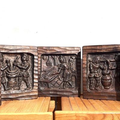 Set of 5 Vintage Hand-Carved Oak Wall Plaques – Rustic European Folk Art Artisanal Scenes