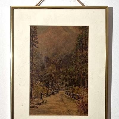 Vintage Mountain & Pine Forest Print – Rustic Mid-Century Gold Frame