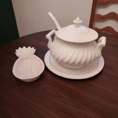 White Ironstone Soup Tureen Set with Ladle & Underplate | Includes Bonus Pineapple Serving Dish