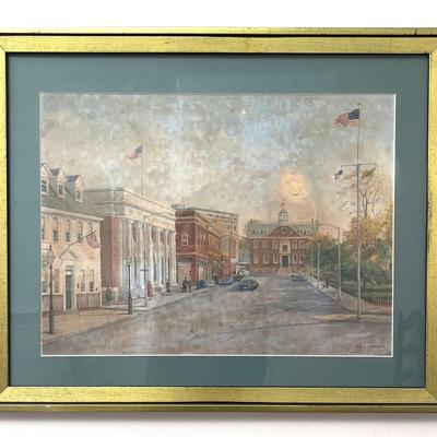 Original June L. Webb Watercolor – Historic Town Square Streetscape – Framed 21.5" x 17.5"