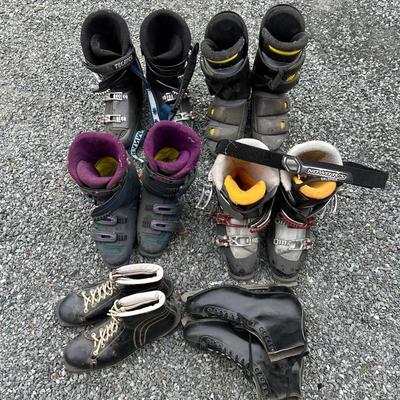 Vintage Winter Sports Footwear Lot: Vintage Leather Ice Skates & 4 Pairs Ski Boots
