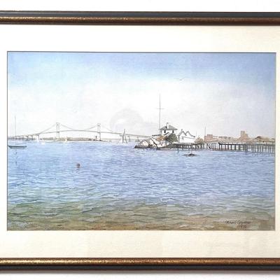 Vintage Richard Grosvenor Print - Newport Bridge & Harbor