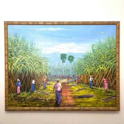 Large Original Tropical Harvest Painting in Bamboo-Style Frame
