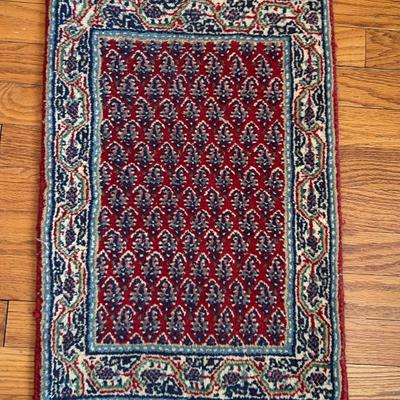 Handmade Wool Prayer Rug - 27" x 16" Red Mihrab Field, Navy Blue Borders