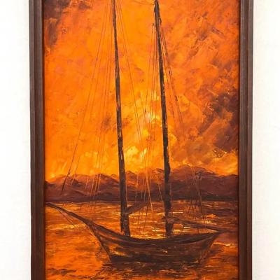 Original Impressionist Seascape Painting - Signed "Steiner" -Schooner at Sunset