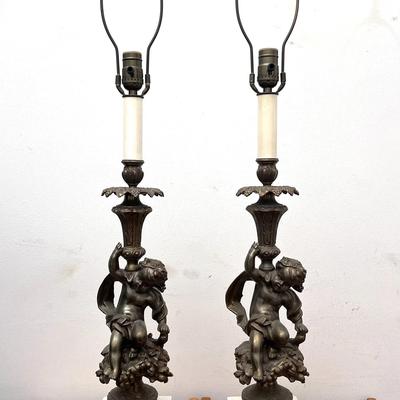 Pair of Vintage Neoclassical Spelter & Marble Table Lamps – Cherub Putti Motif