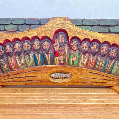Spanish Brutalist Hand-Carved Wood Relief – The Last Supper Folk Art Plaque