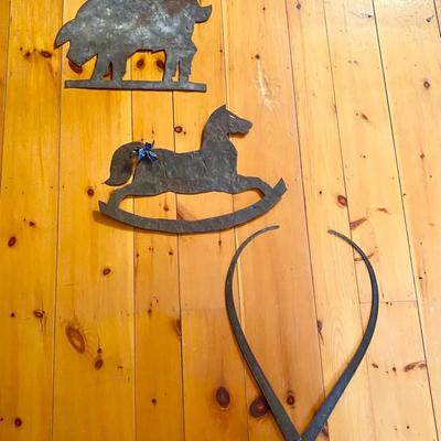 Antique Primitive Metal Silhouette Lot: Pig, Rocking Horse & Large Calipers