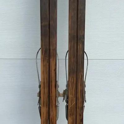 Rare Antique A.G. Spalding & Bros Wood Skis with Original Bamboo Poles & Leather Bindings
