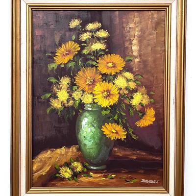 Original Still Life Oil Painting - Signed "David Su" - Muted Floral in Green Vase