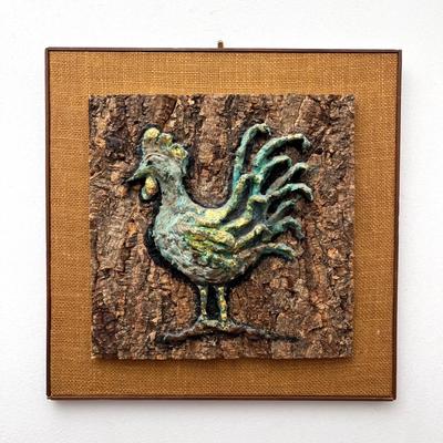 MCM Brutalist Rooster Wall Art – Mixed Media on Bark & Burlap – Signed on Reverse