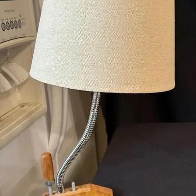 Wooden Adjustable Clamp Lamp With a Fabric Shade