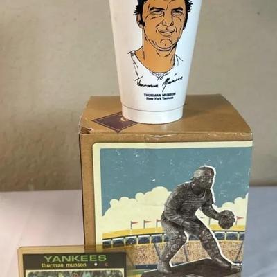Thurmon Munson Trading card, bronze statue and cup