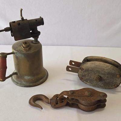 Vintage/Antique Turner Blow Torch, Barn Pulley, Wooden Barn Pulley