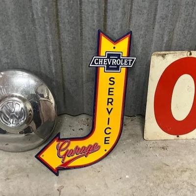 VW Hubcap, Aluminum Chevrolet Sign & Reversible Gas Price Sign