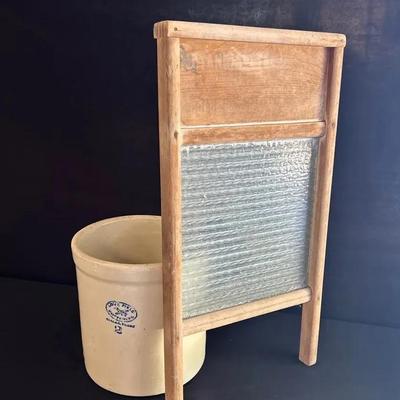 Vintage Love Field Potteries 2 Gallon Stoneware Crock & Columbus Co. Washboard 