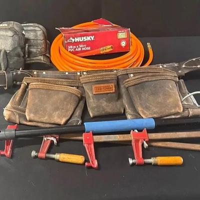 Craftsman leather tool belt, vise clamps, Husky knee pads, pinch grabber & Husky PVC air hose  