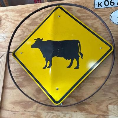 Vintage Cattle Crossing Sign With Metal Wheel Frame 