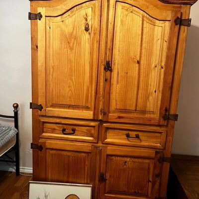Large Rustic Armoire Cabinet and Framed Native American Watercolor print