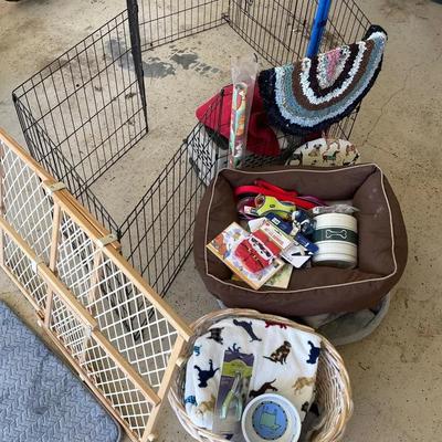Large Dog Bed, Crate And Pen Lot With Various Accessories 