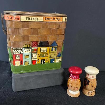 Vtg.  boho Woven Basket Bag And Salt And Salt/pepper