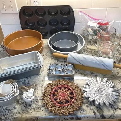 Marble Rolling Pin, Pyrex Measures, Baking Pans