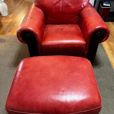 Red leather chair and ottoman. Very good condition-no tears on either piece.