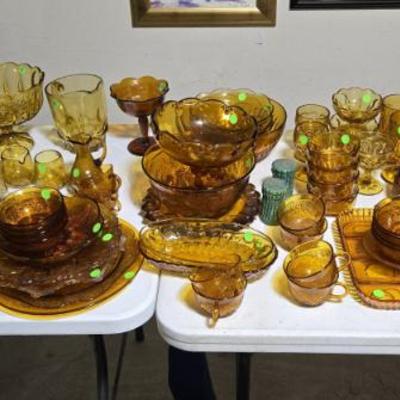 Sale Photo Thumbnail #118: Vintage amber glass dishware, primarily identified as the "Whitehall" or "Cubist" pattern produced by Indiana Glass Company