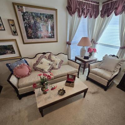 Sale Photo Thumbnail #67: Antique-style Victorian settee and armchair set in a light-colored upholstery
Marble-top Coffee and End Tables
