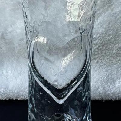 Hand-Blown Clear Art Glass Vase with Ruffled Rim & Textured Body – Heavy Base
