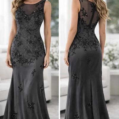 Elegant Gray Beaded Lace Evening Gown – Sleeveless Formal Dress