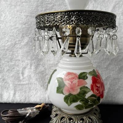 Vintage Floral Milk Glass Electric Table Lamp w/ Crystal Prisms & Ornate Metal Base
