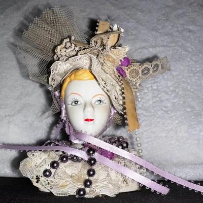 Vintage Porcelain Doll Bust Figurine – Lace & Ribbon Victorian Style Décor