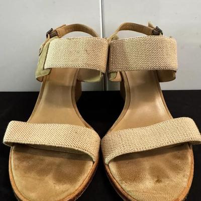 Women’s Neutral Canvas & Leather Cork Heel Sandals – Ankle Strap – Size 8