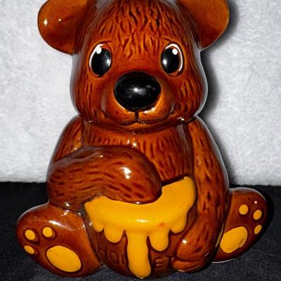 Vintage Ceramic Bear Cookie Jar w/ Honey Pot – Brown Glaze – Removable Head Lid 