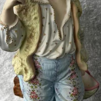 Hand-Painted Porcelain Figurine Boy w/ Basket & Hat – European Style – Marked Base 
