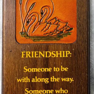 Vintage Wooden “Friendship” Wall Plaque with Swans – 1970s Folk Art Hanging Sign