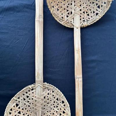 Pair of Vintage Hand-Woven Bamboo Scoop Baskets with Long Handles | Rustic Asian Decor