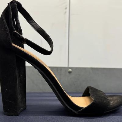 Women’s Black Suede-Style Block Heel Sandals with Ankle Strap