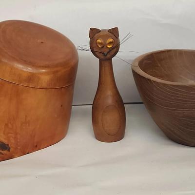 Mid Century Wood Cat,  Bowl, and Covered Trinket Box 