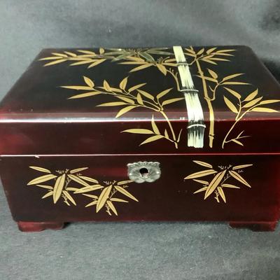 Japanese Red Lacquer Music Box w/Gold & Mother-of-Pearl Bamboo Motif. 
