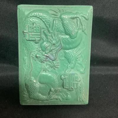 Cast Metal Dragon Lidded Box w/ Green Finish & Chinese Motifs 1960s 