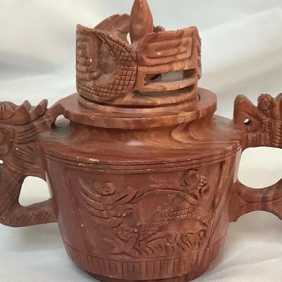 Asian Carved Red Stone Dragon & Phoenix Tea Pot 