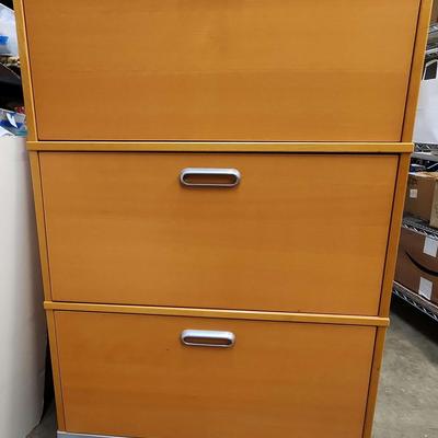 IKEA Galant 3-drawer lateral filing cabinet with a light wood grain finish. 