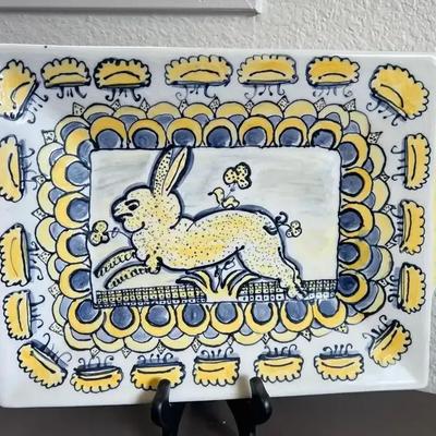 Hand Painted Ceramic Tray w/ Leaping Rabbit