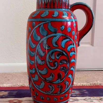 Red & Blue Floor Vase W. Germany Scheurich Keramik Style 