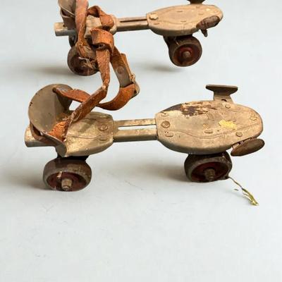 Antique Adjustable Metal Clamp-On Roller Skates with Leather Straps