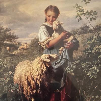 Cottagecore Aesthetic Framed Pastoral Print After J.B. Hofner (1866) - Girl with Lamb