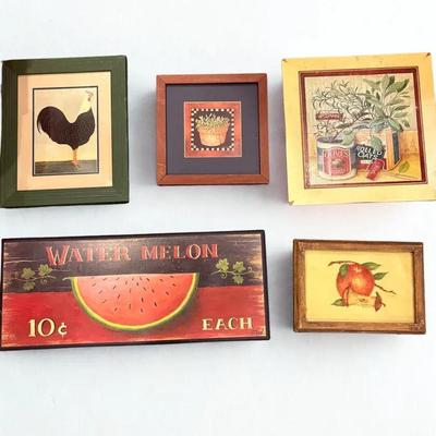 Set of 5 Vintage Farmhouse Wall Art – Rooster, Watermelon & Botanical Kitchen Decor