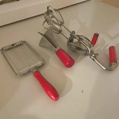 Vintage Farmhouse Kitchen Lot - Red Wood Handle Egg Beater, Pastry Blender & Tomado Slicer